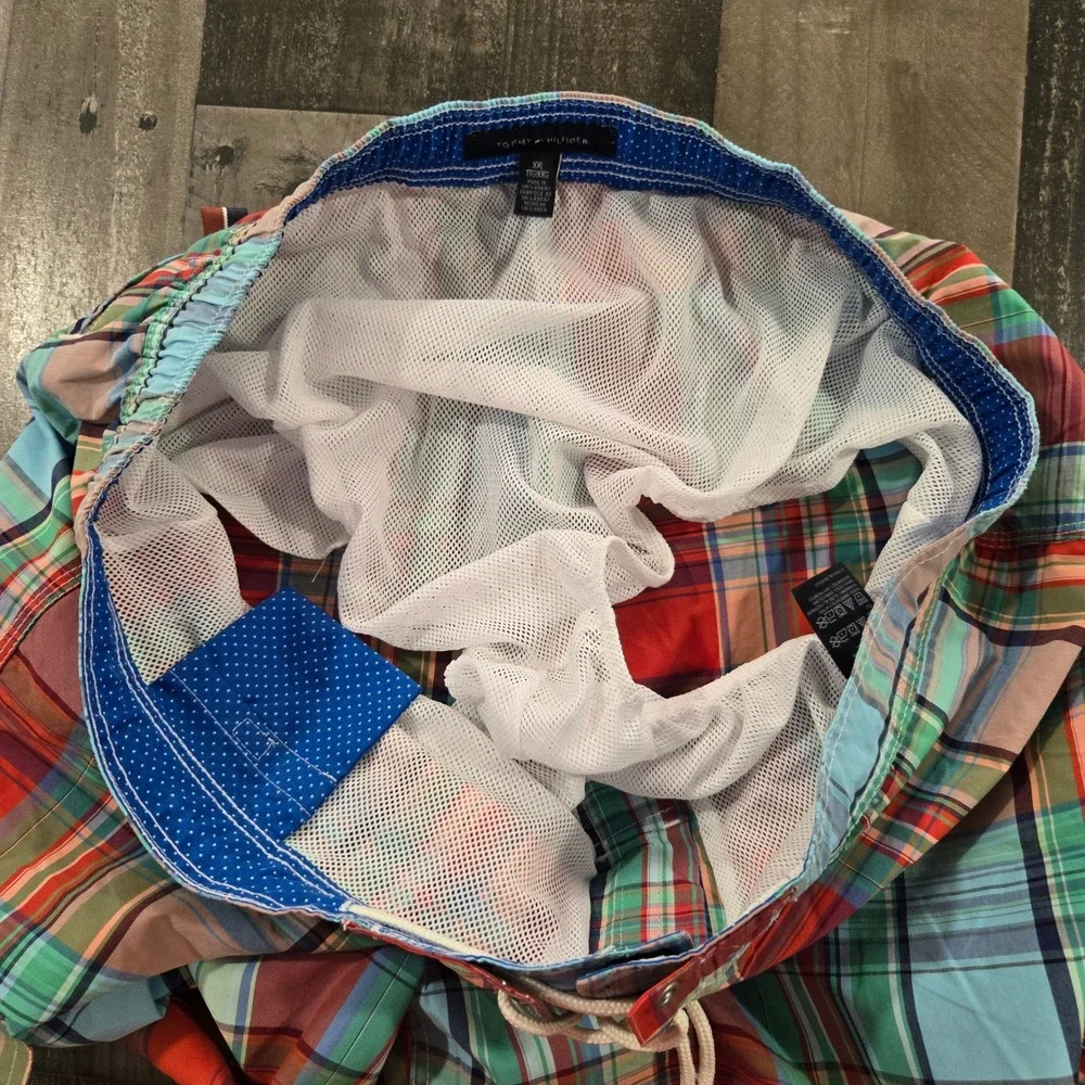 Vintage 2010s Tommy Hilfiger Madras Plaid Swim Trunks Board Shorts MeshLined XXL